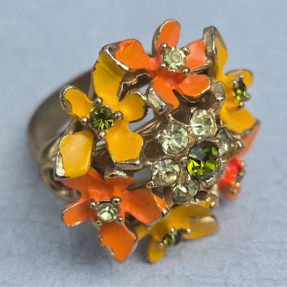 Vintage Enamel Flower Cluster Adjustable Ring Orange Yellow Green Rhinestone - Picture 2 of 10